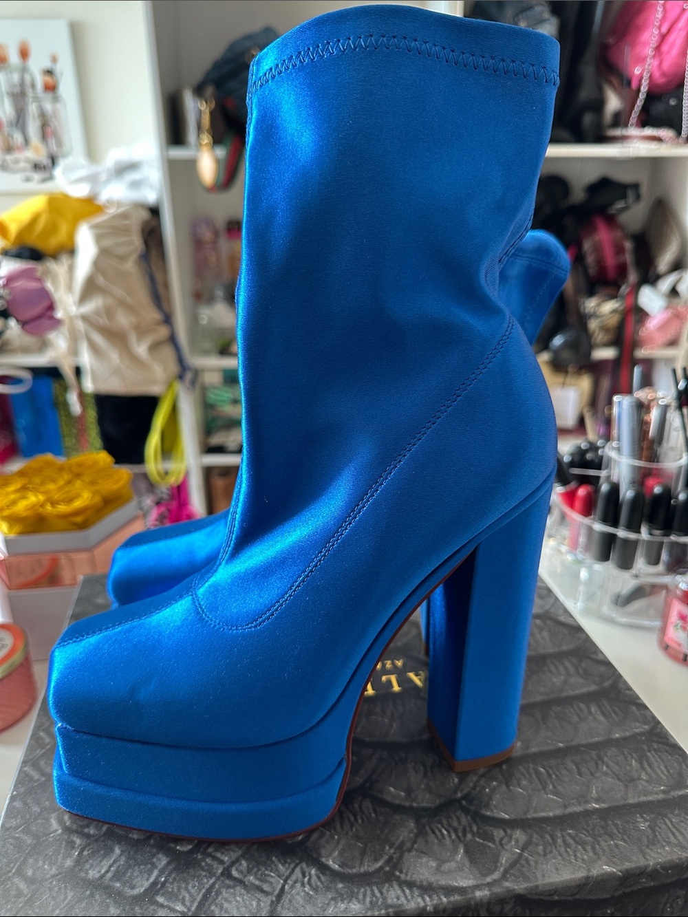 Electric Blue Satin Platform Ankle Boots